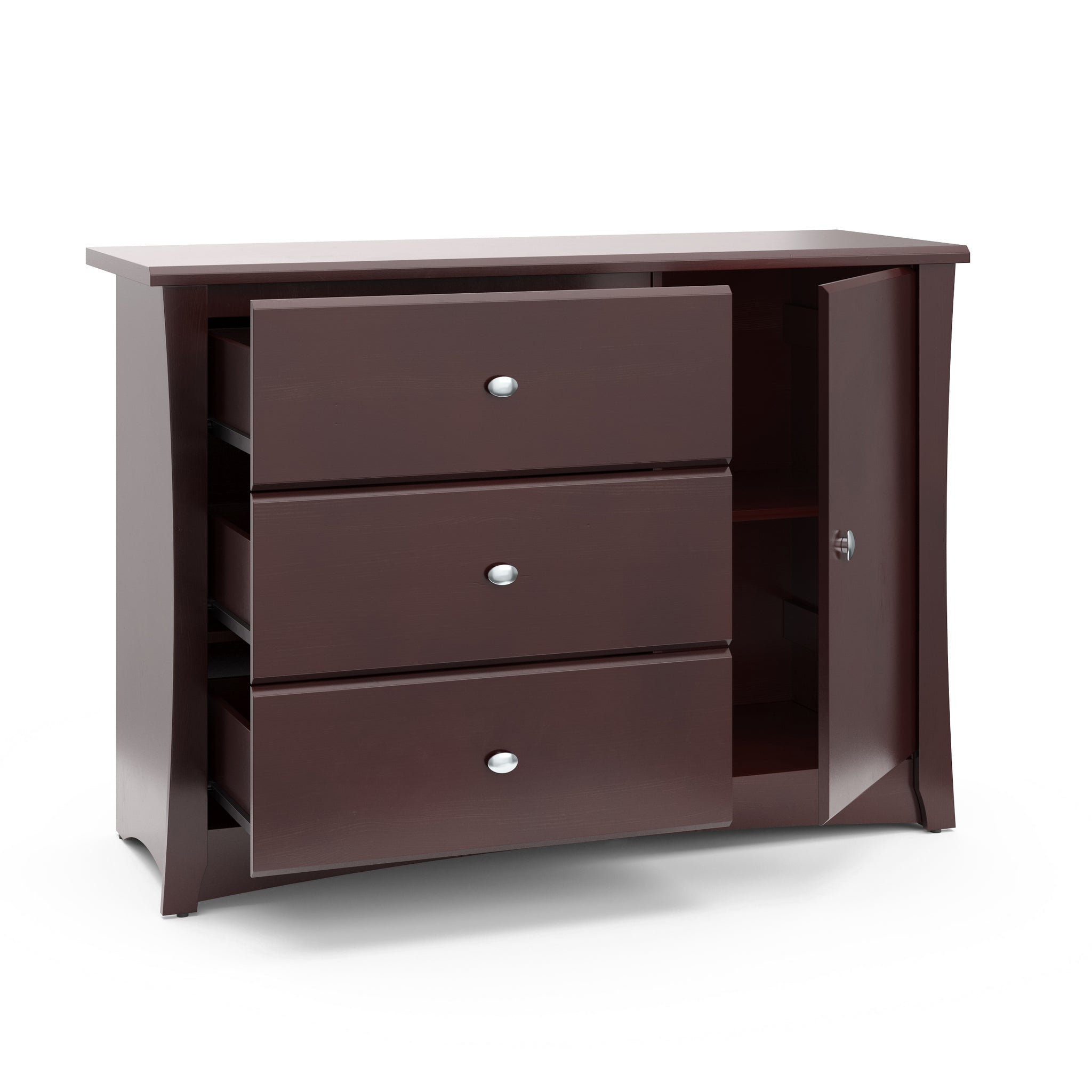 Side view of espresso 3 drawer chest with 3 open drawers