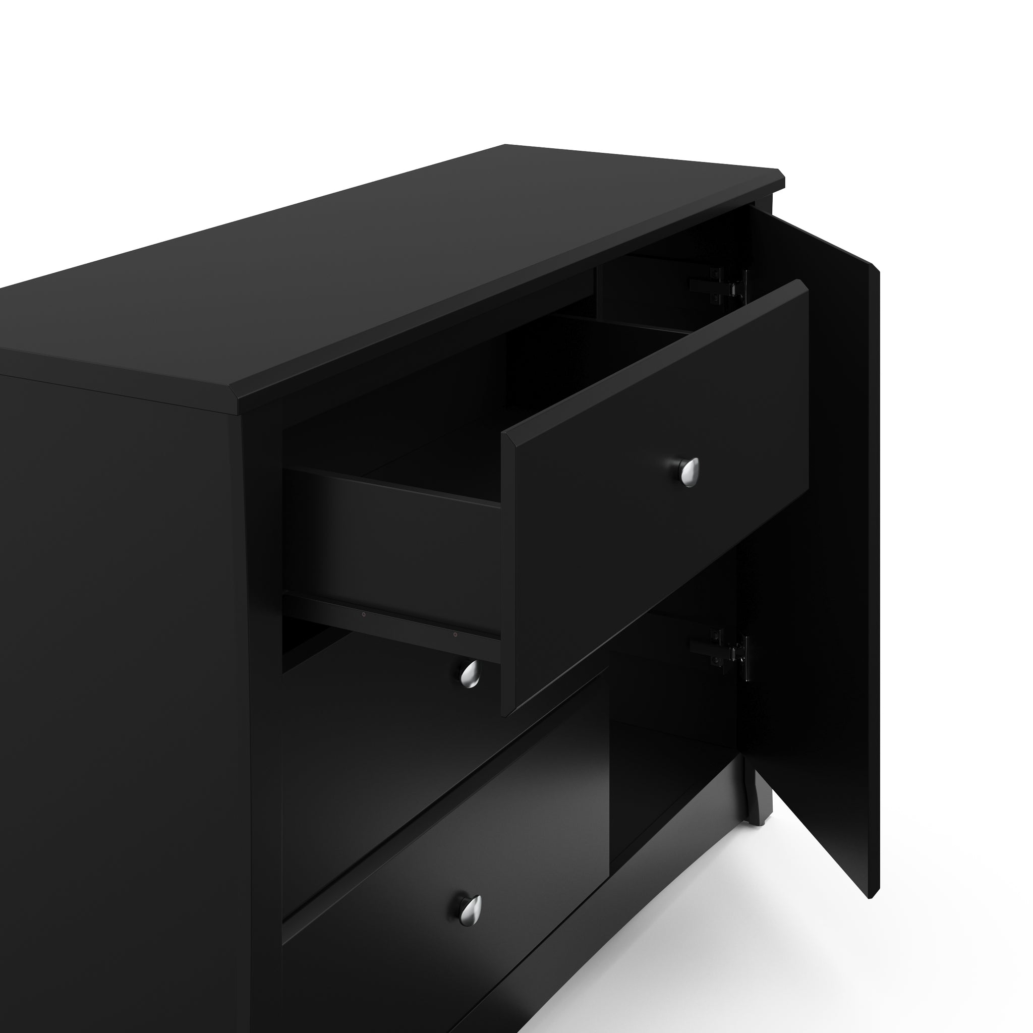 black 3 drawer chest with open drawer 