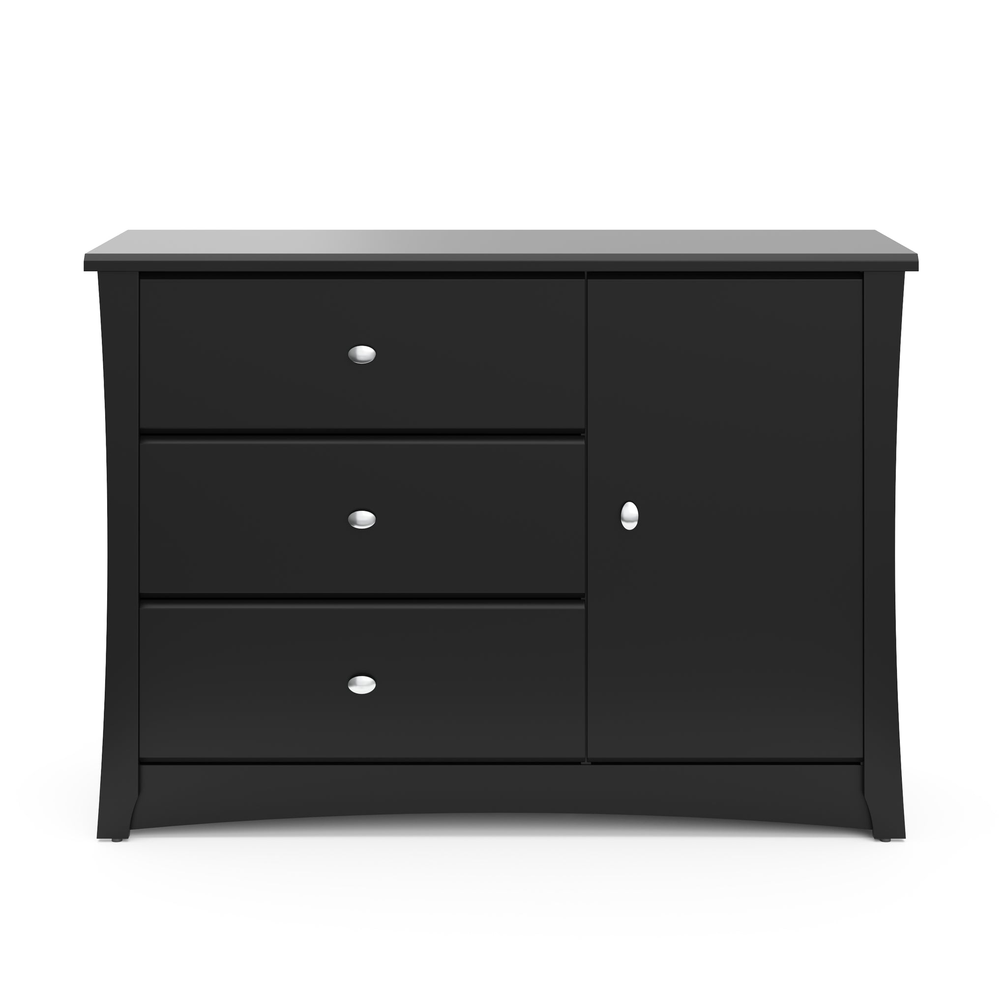 Front view of black 3 drawer chest