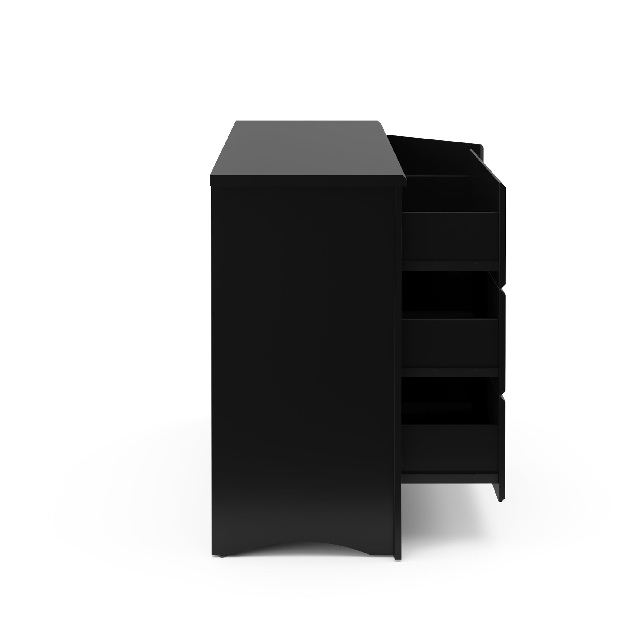 Side view of black 3 drawer chest with 3 open drawers