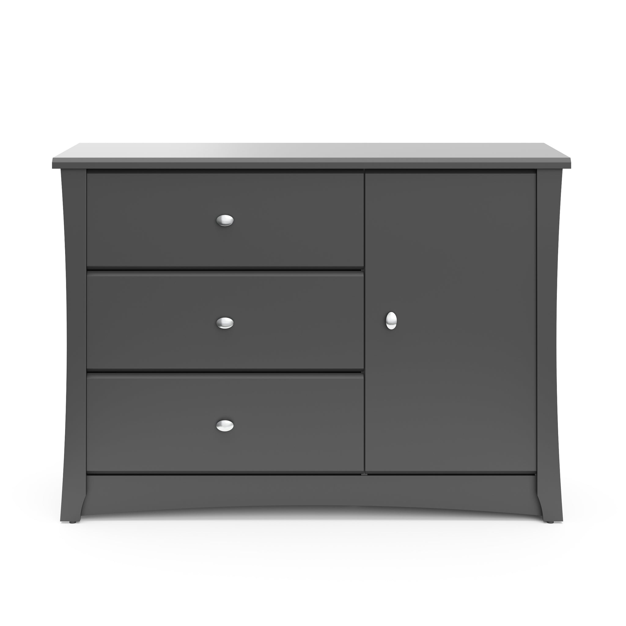 Front view of gray 3 drawer chest