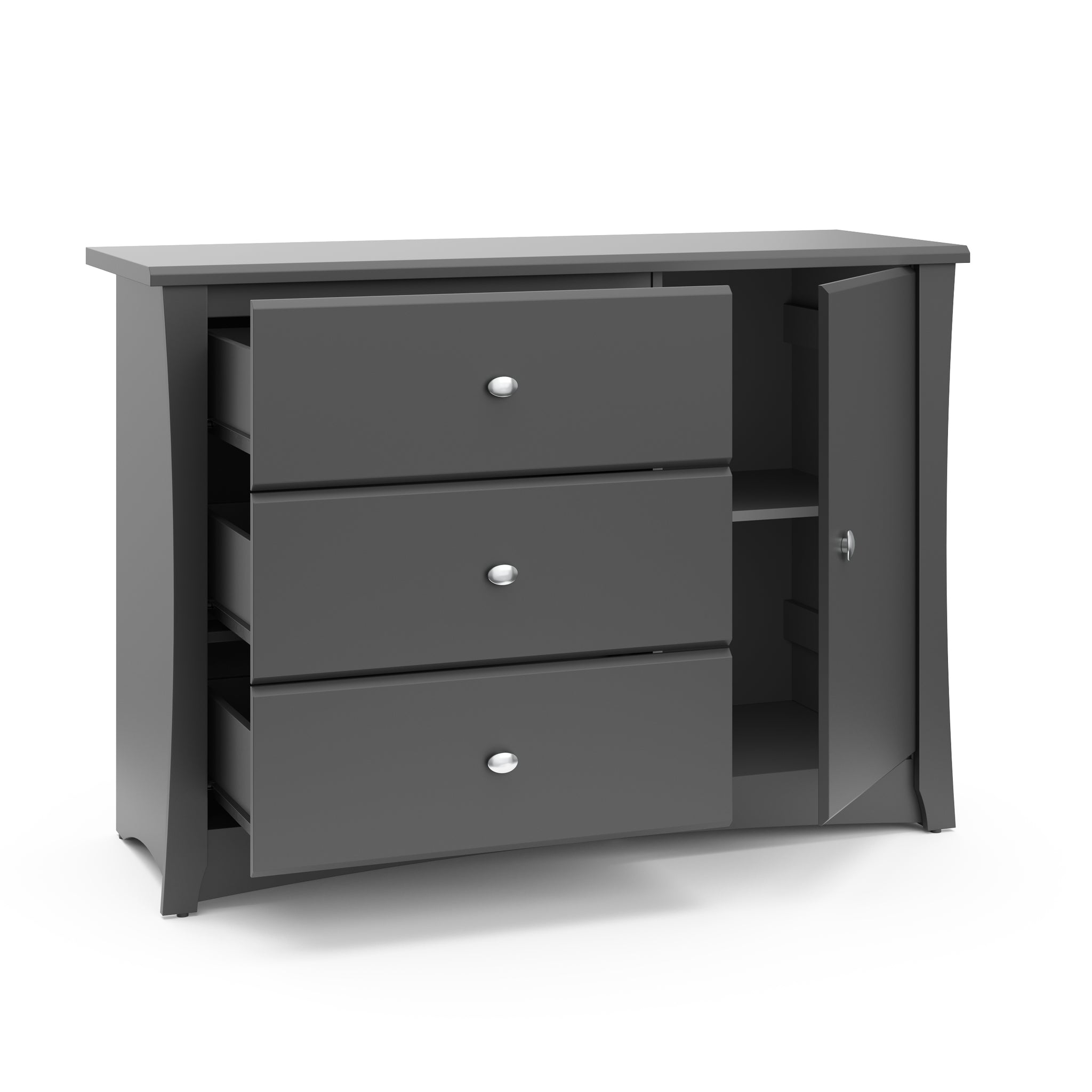 gray 3 drawer chest with 3 open drawers