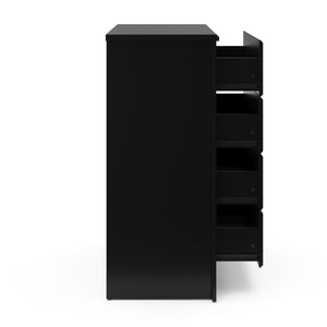 Side view of black 4 drawer chest with 4 open drawers