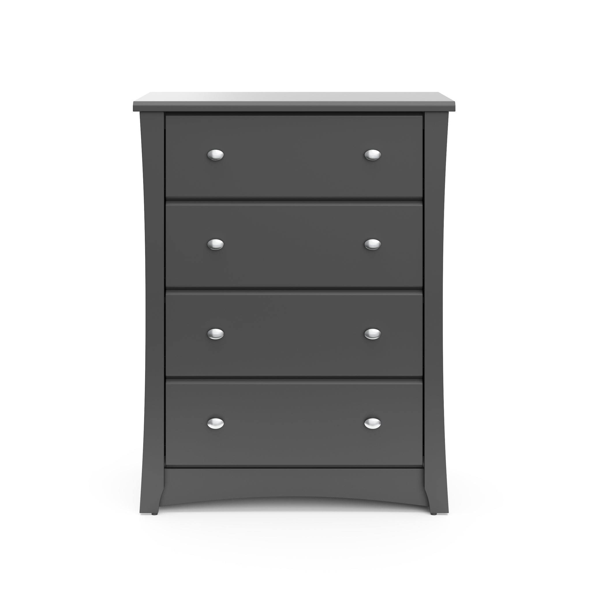 Front view of gray 4 drawer chest