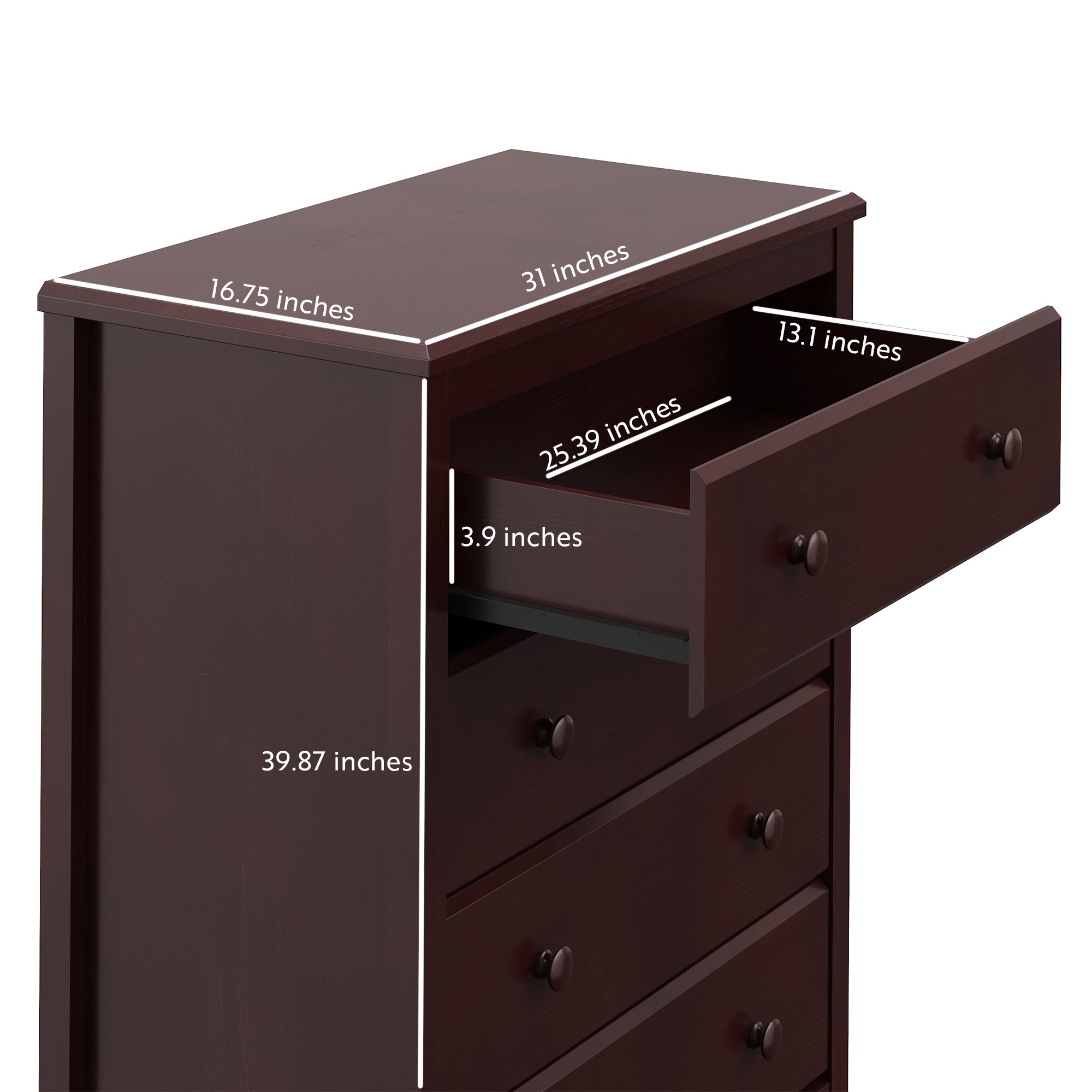 espresso 4 drawer chest, drawer dimension