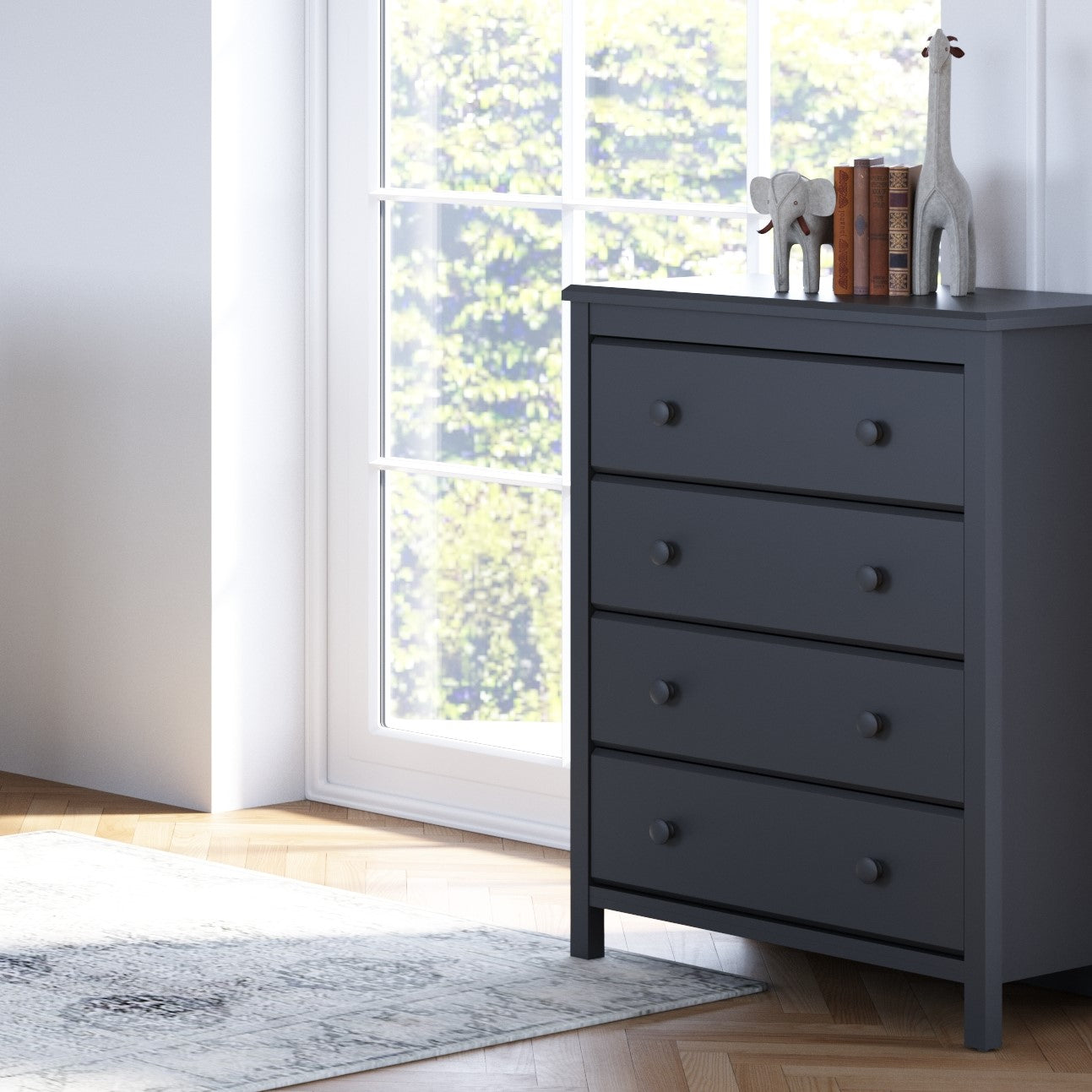 gray 4 drawer chest in nursery