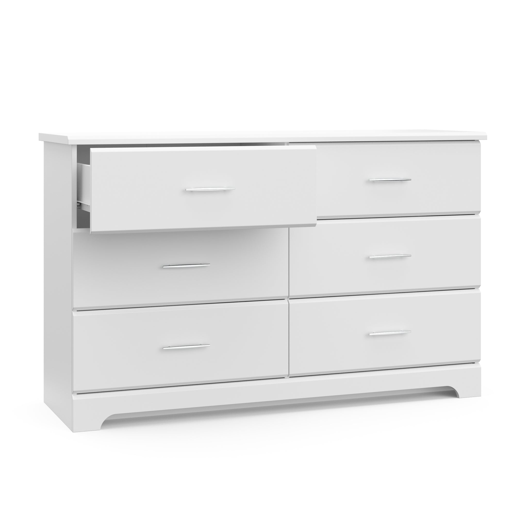 White 6 drawer dresser with open drawer 