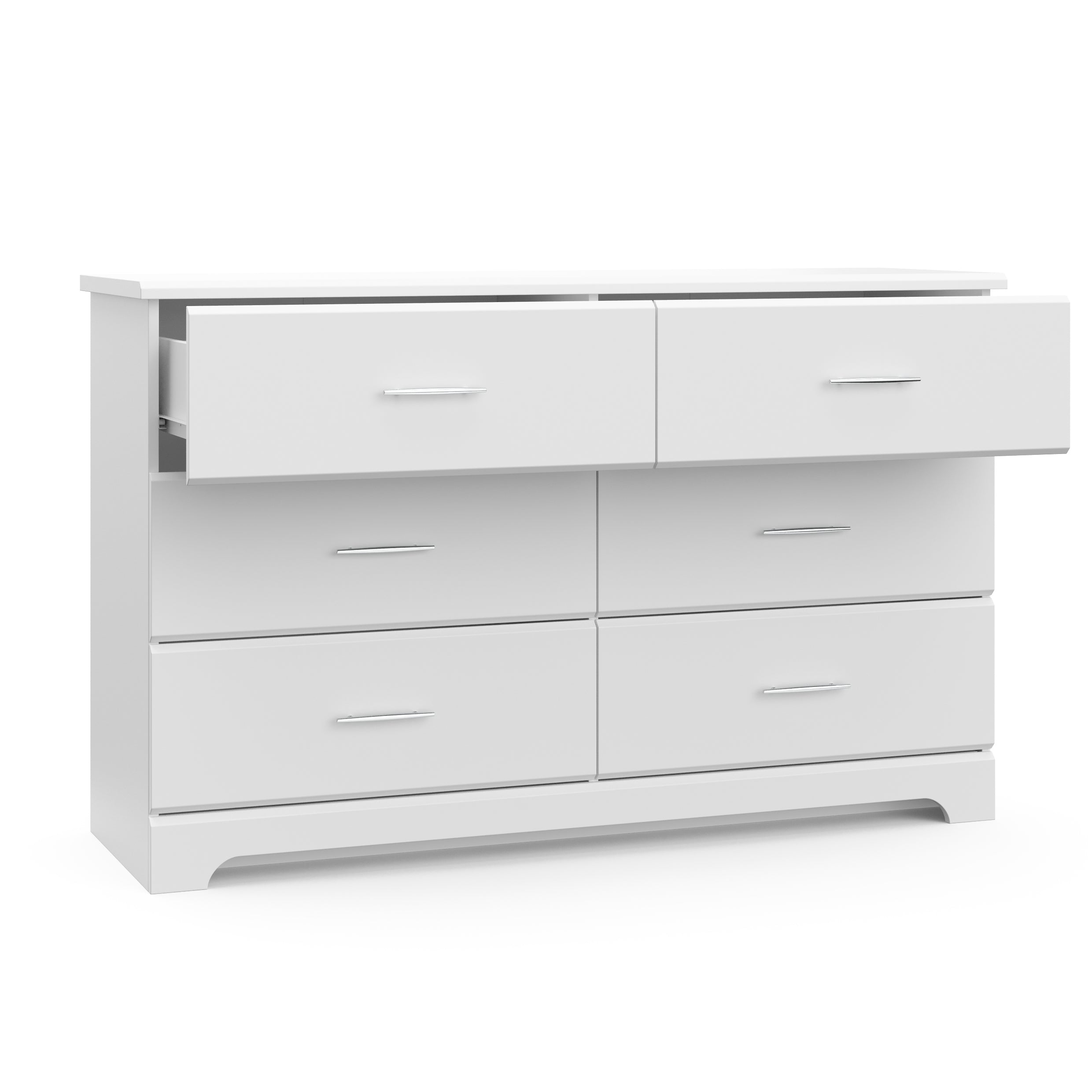 White 6 drawer dresser with 2 open drawers