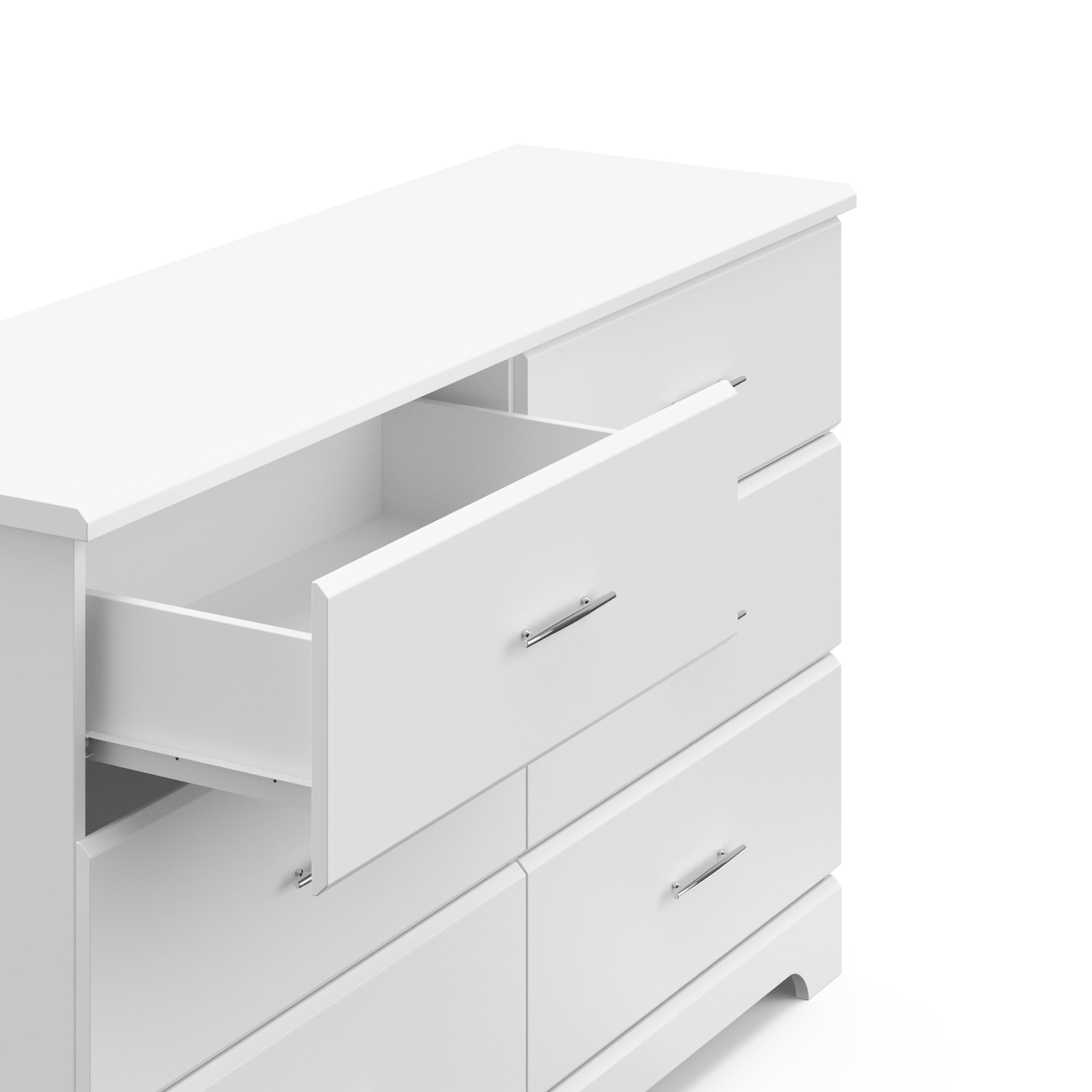 White 6 drawer dresser with open drawer 