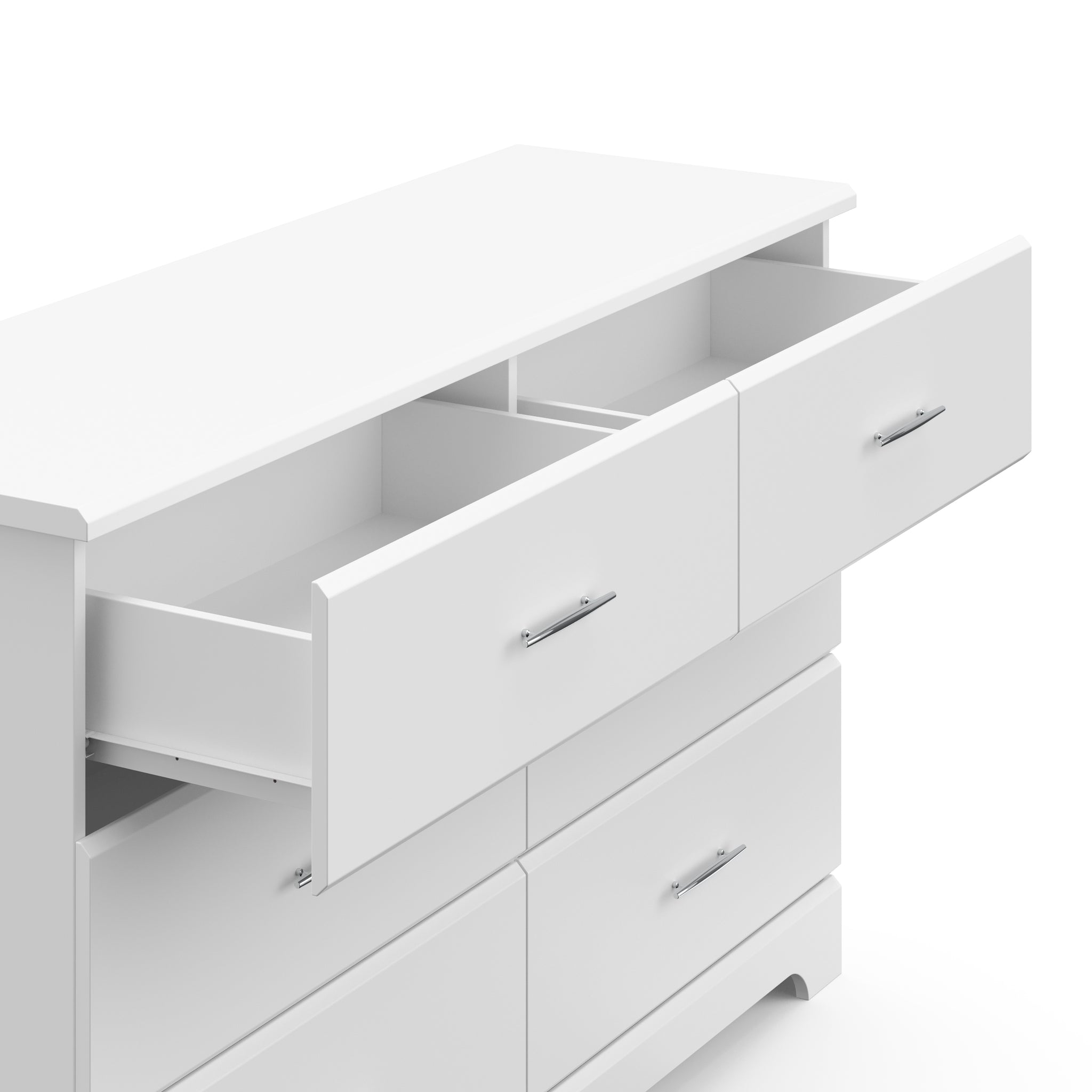 White 6 drawer dresser with 2 open drawers