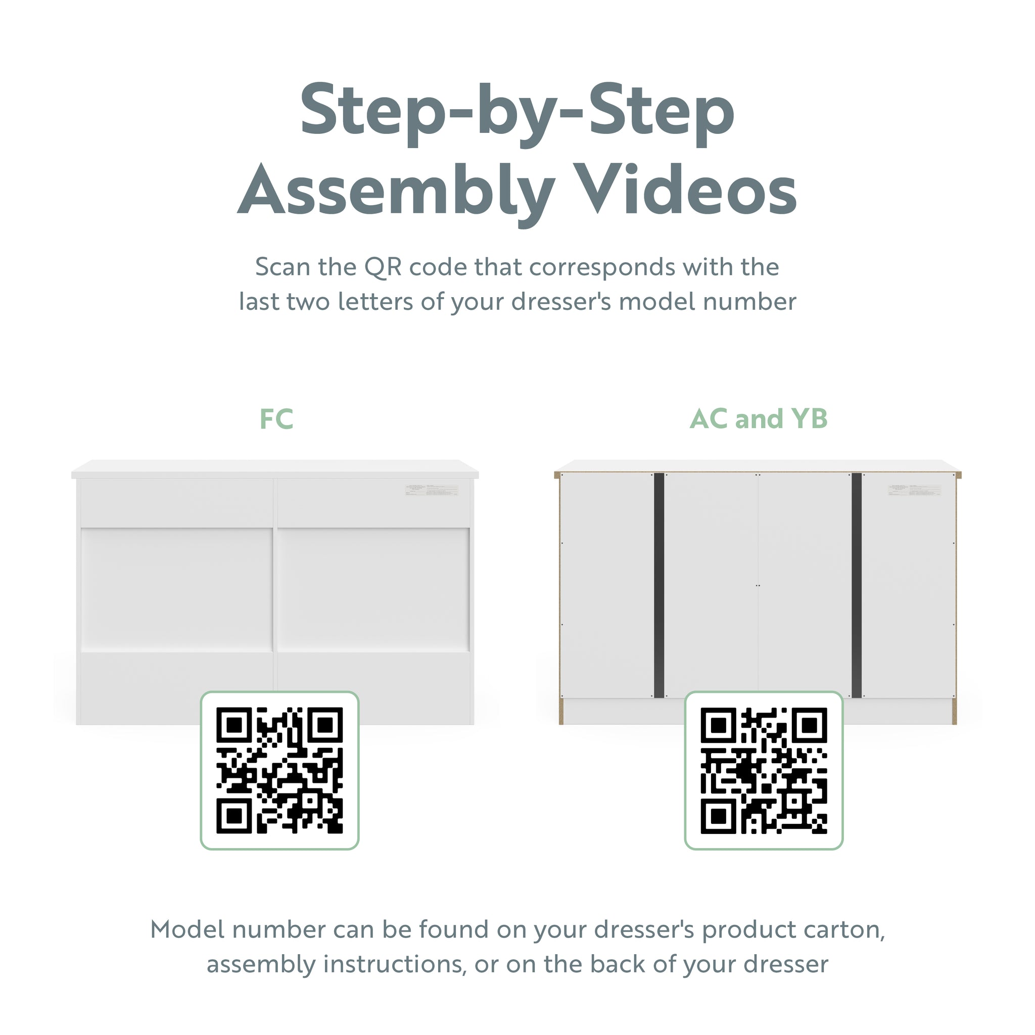 graphic of white 6 drawer dresser's assembly instructions