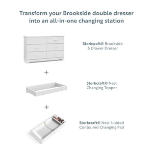 graphic of white 6 drawer dresser with compatible changing topper and changing pad