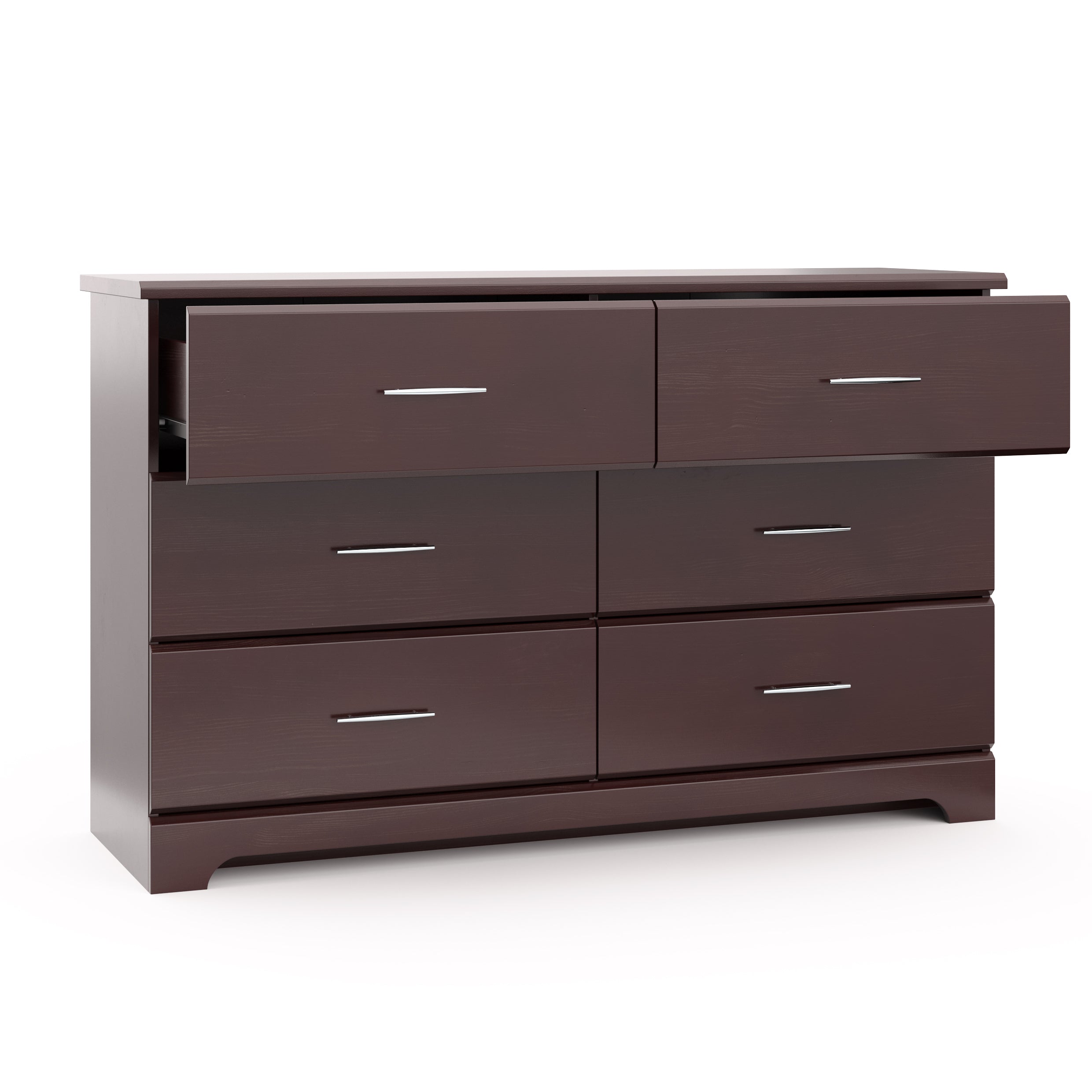 espresso 6 drawer dresser with 2 open drawers