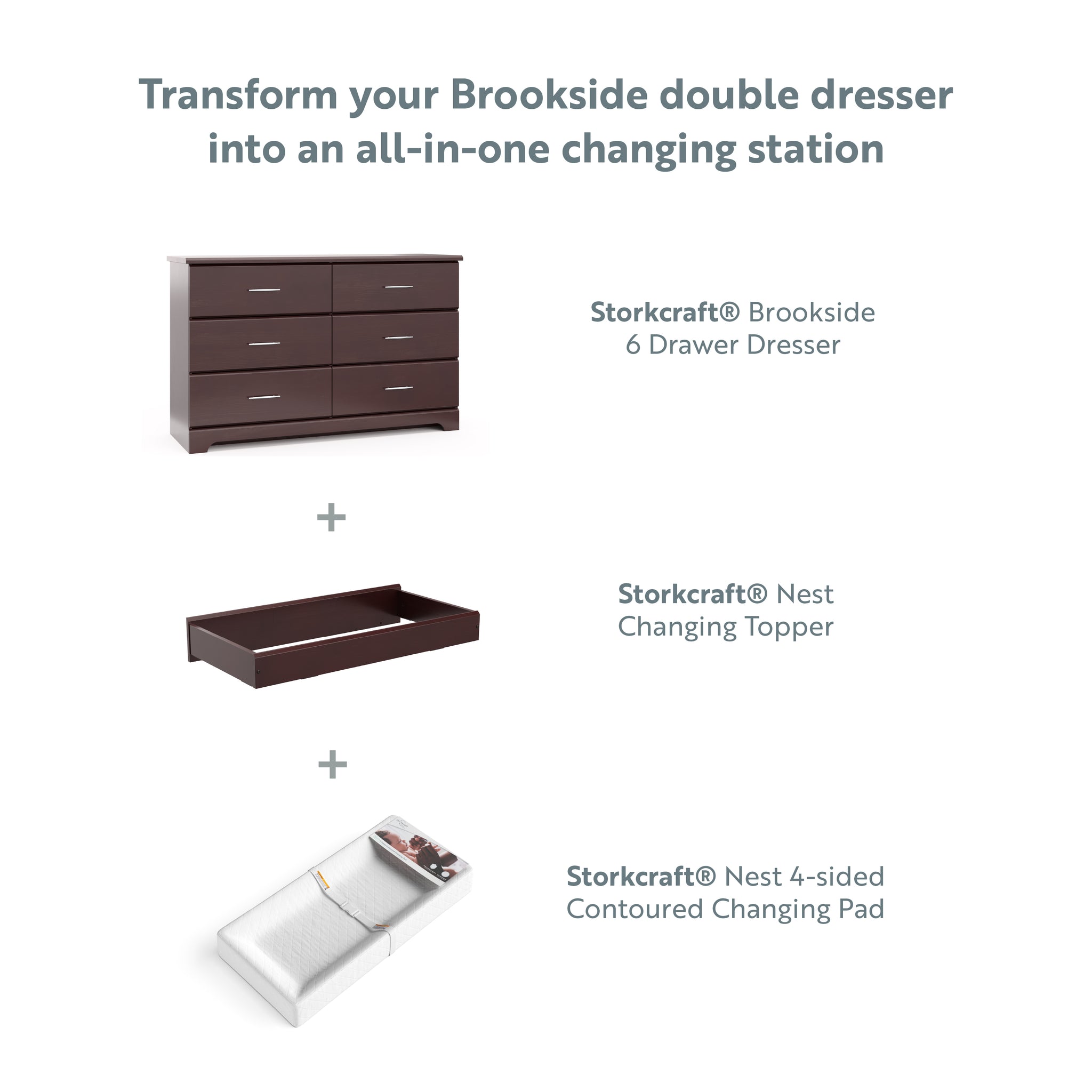 graphic of espresso 6 drawer dresser with compatible changing topper and changing pad