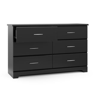 Black 6 drawer dresser with open drawer 
