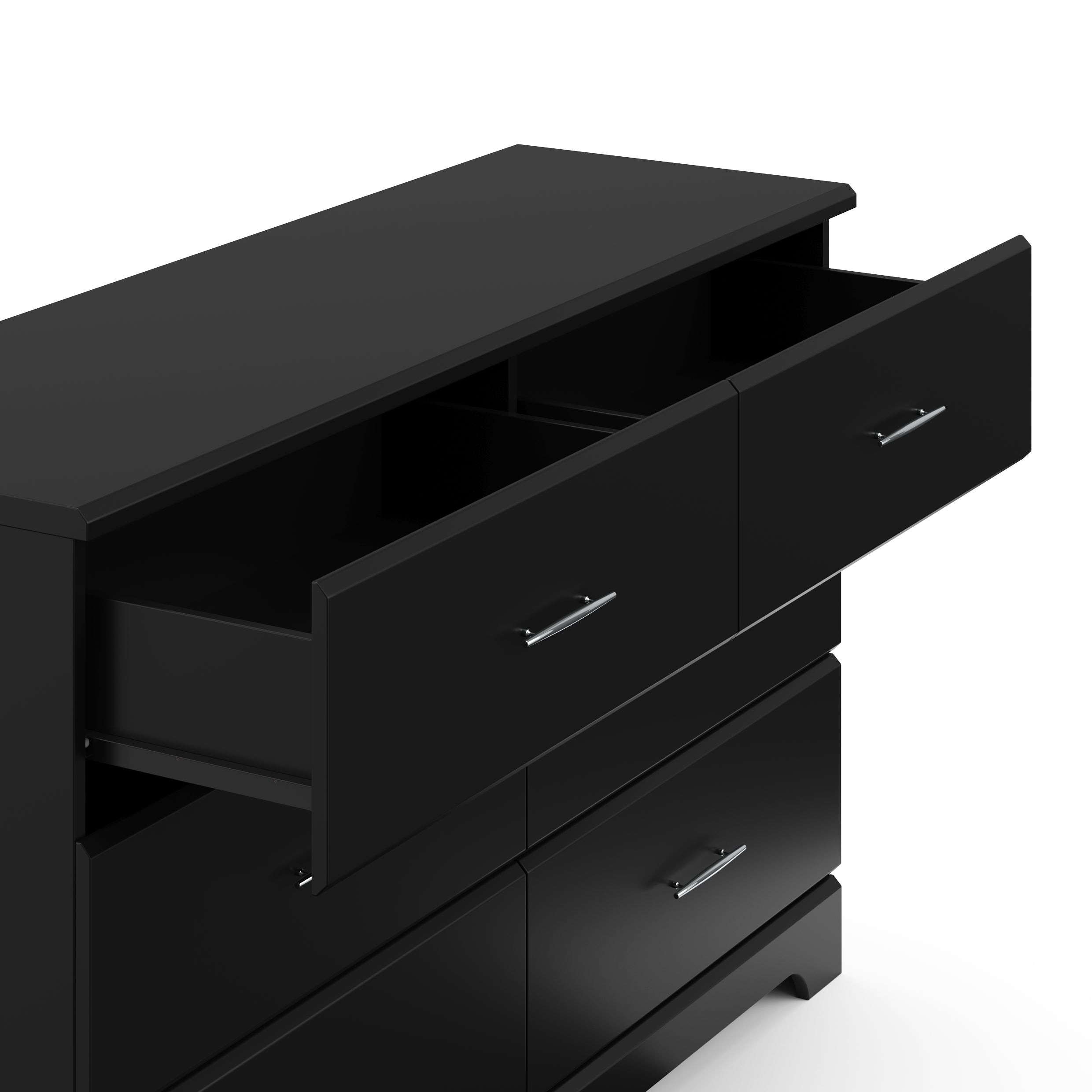 Black 6 drawer dresser with 2 open drawers