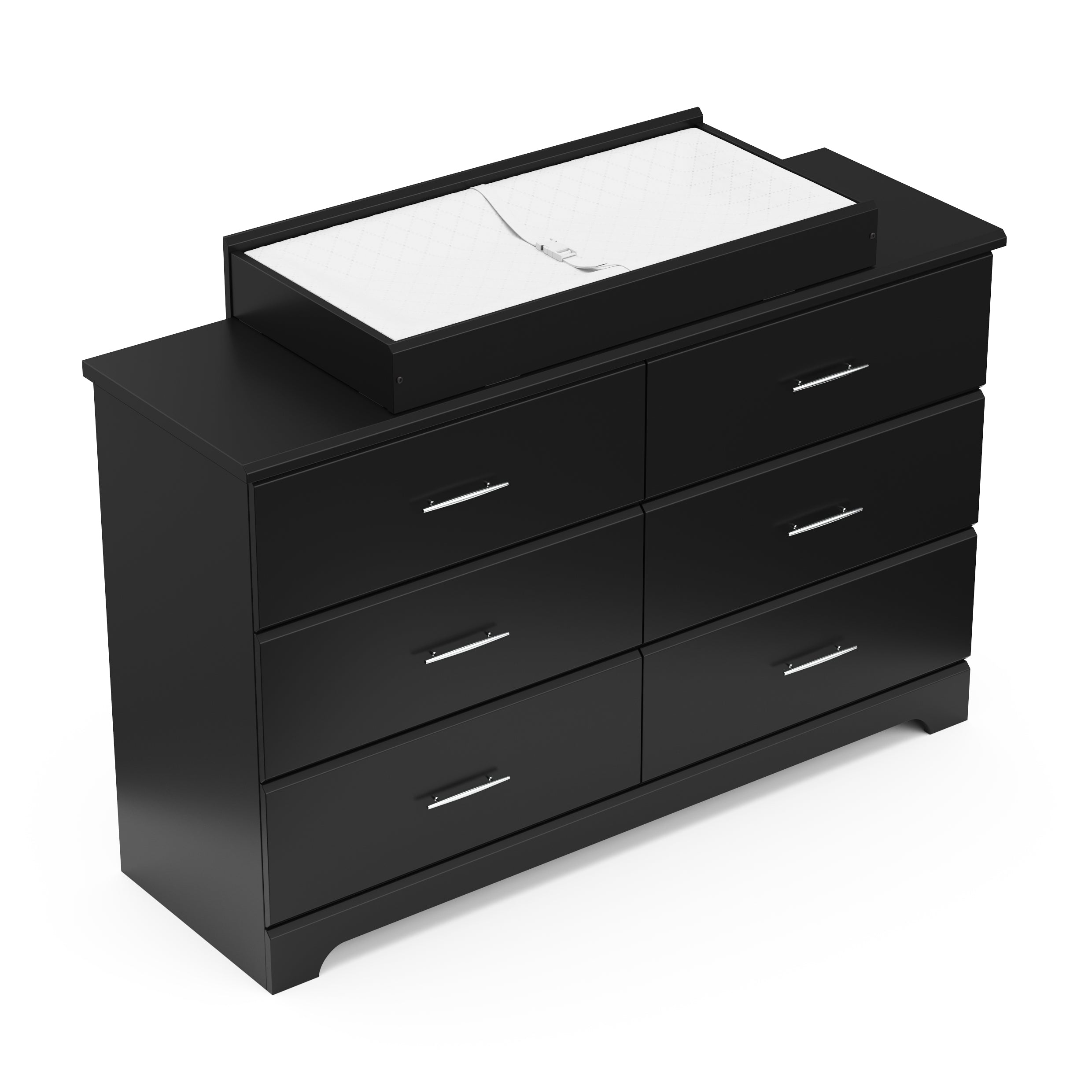 black 6 drawer dresser with changing topper and changing pad