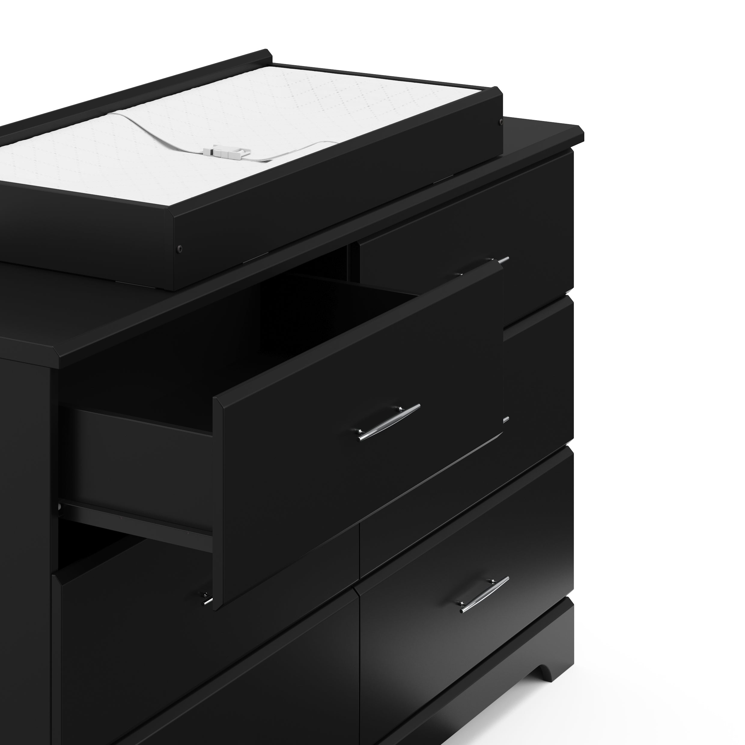 black 6 drawer dresser with changing topper and changing pad