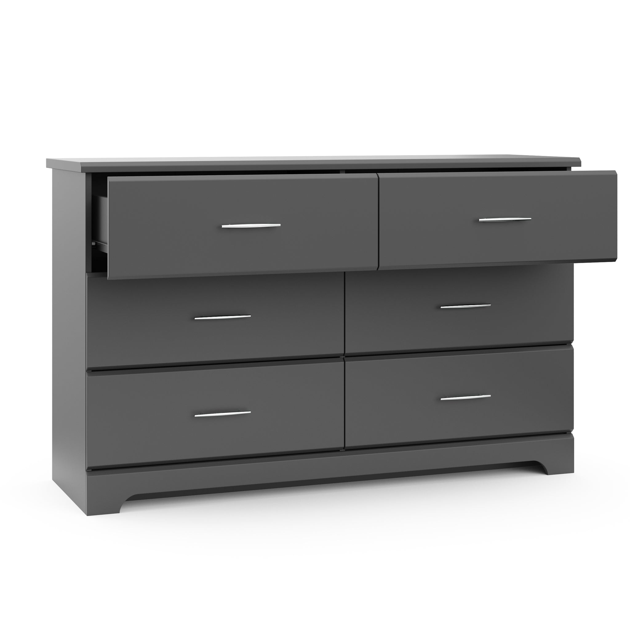 gray 6 drawer dresser with 2 open drawers