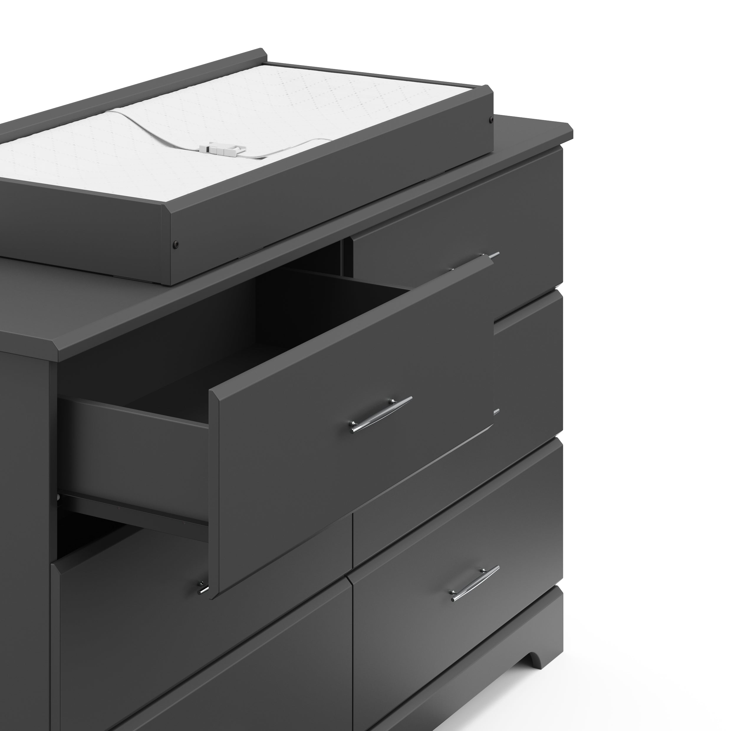 gray 6 drawer dresser with changing topper and changing pad