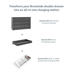graphic of gray 6 drawer dresser with compatible changing topper and changing pad