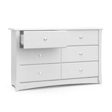 White 6 drawer dresser with open drawer 