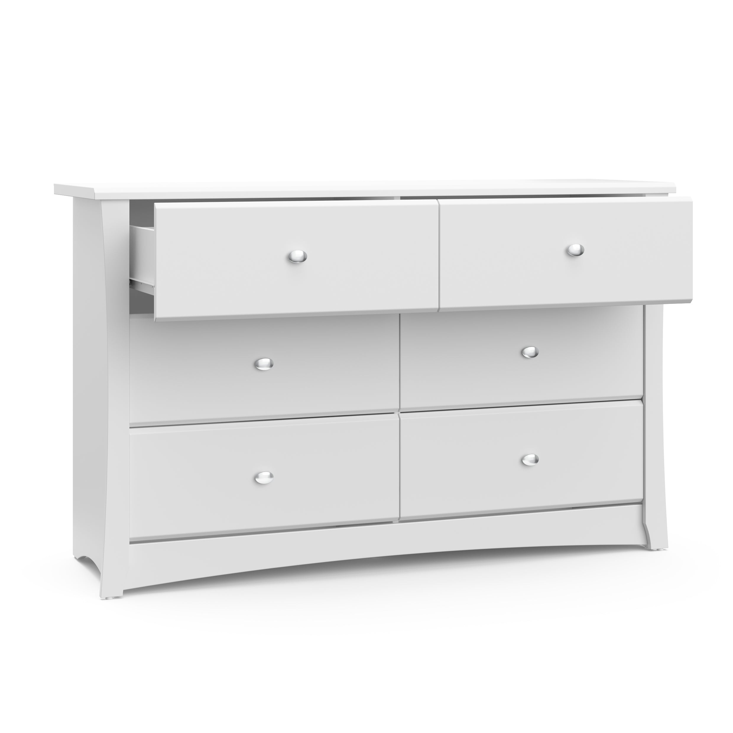 White 6 drawer dresser with 2 open drawers
