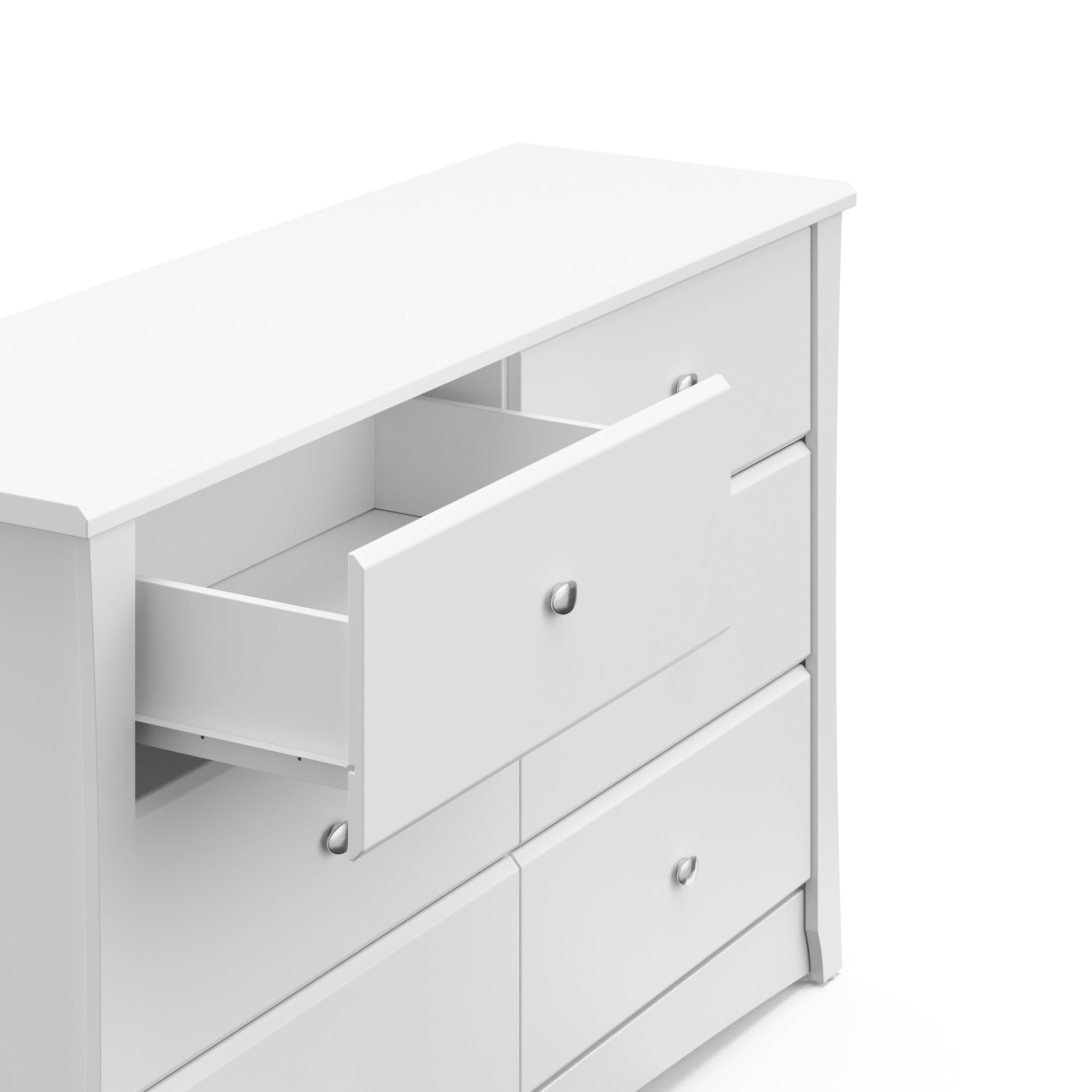 White 6 drawer dresser with open drawer 