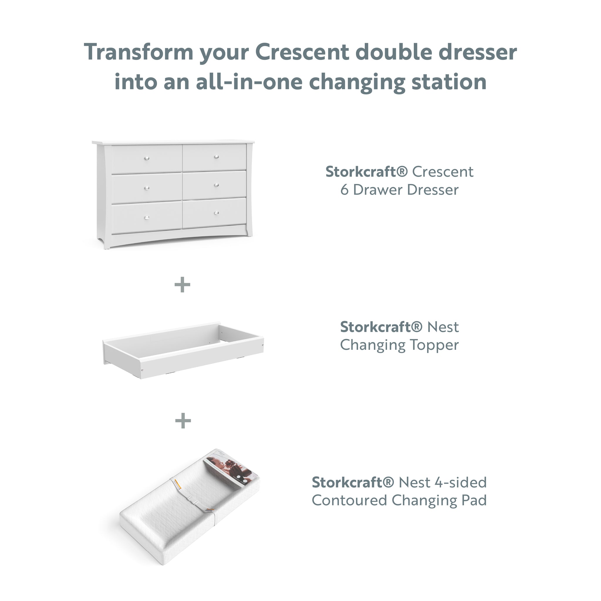 graphic of white 6 drawer dresser with compatible changing topper and changing pad