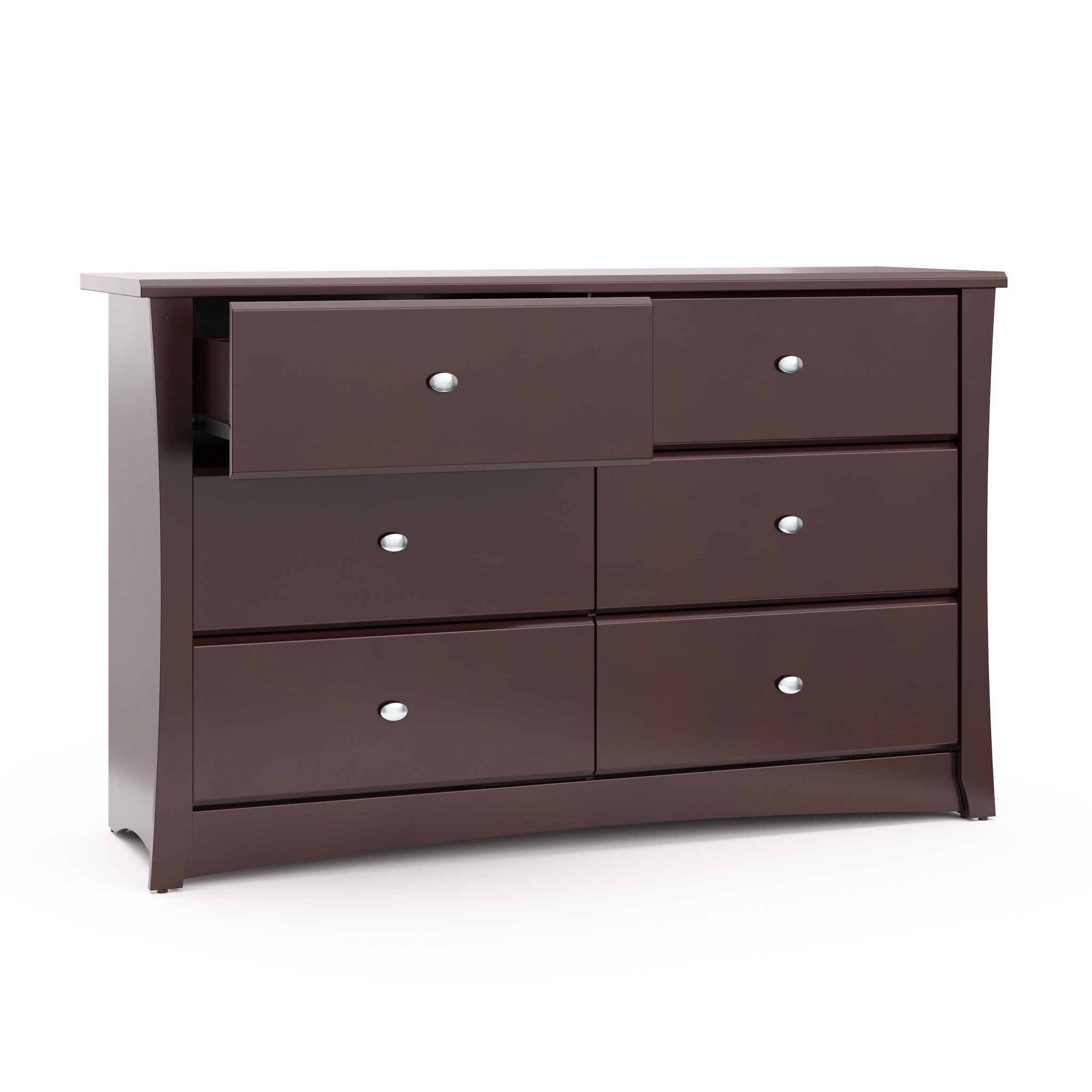 espresso 6 drawer dresser with open drawer