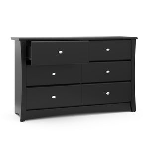 Black 6 drawer dresser with open drawer angled view