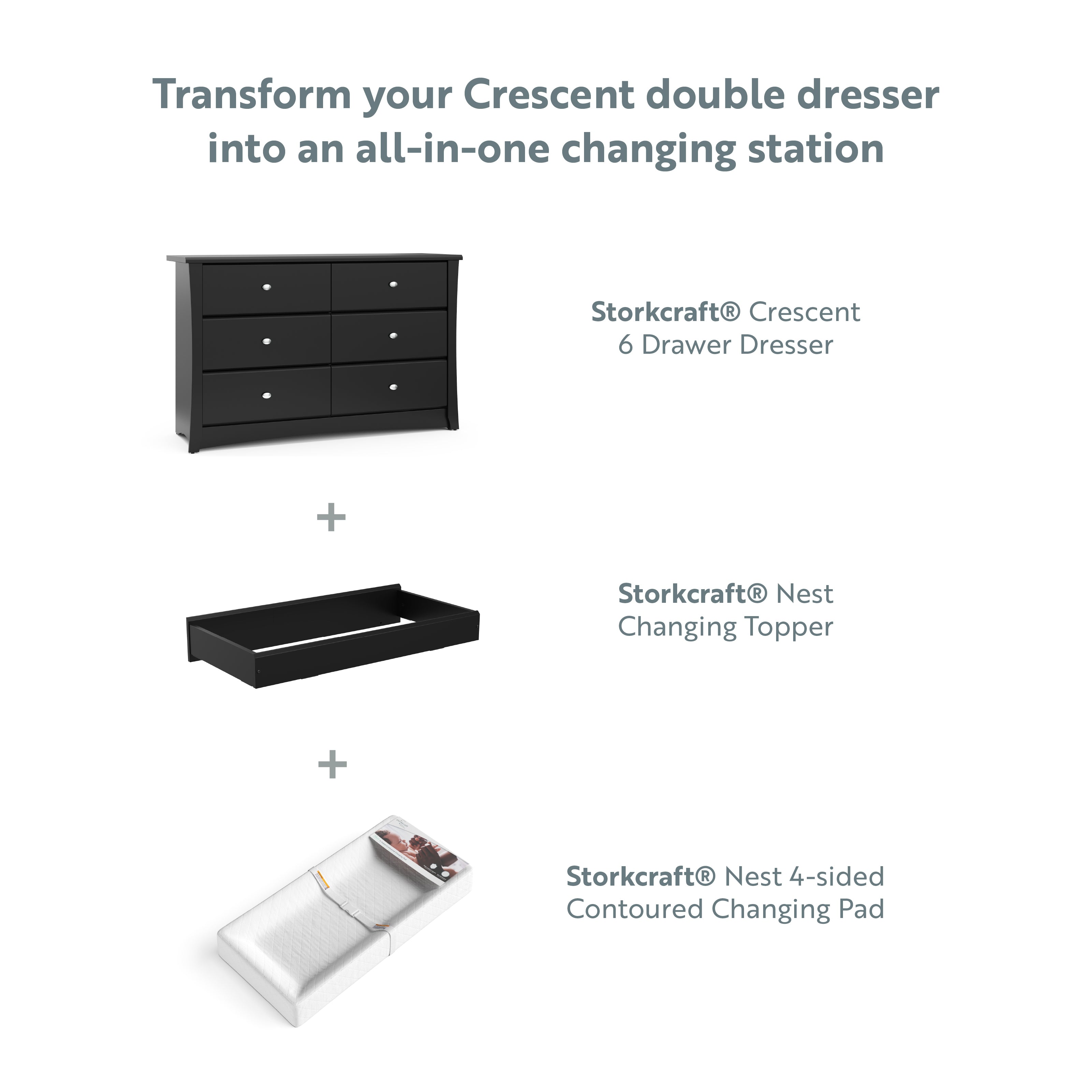 graphic of gray 6 drawer dresser with compatible changing topper and changing pad