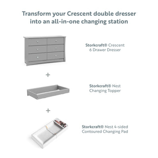 graphic of pebble gray 6 drawer dresser with compatible changing topper and changing pad