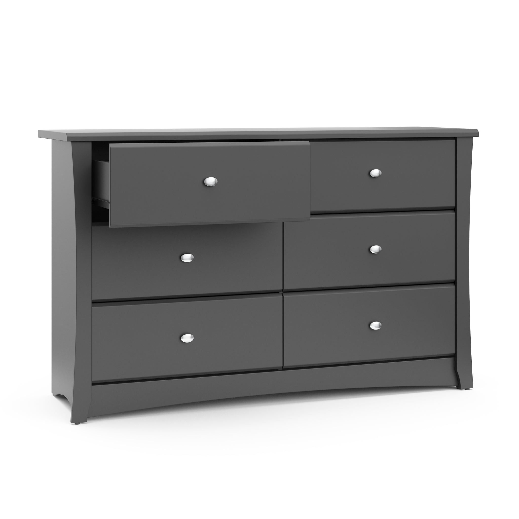 gray 6 drawer dresser with open drawer