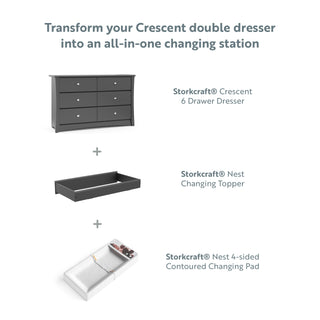 graphic of gray 6 drawer dresser with compatible changing topper with changing pad