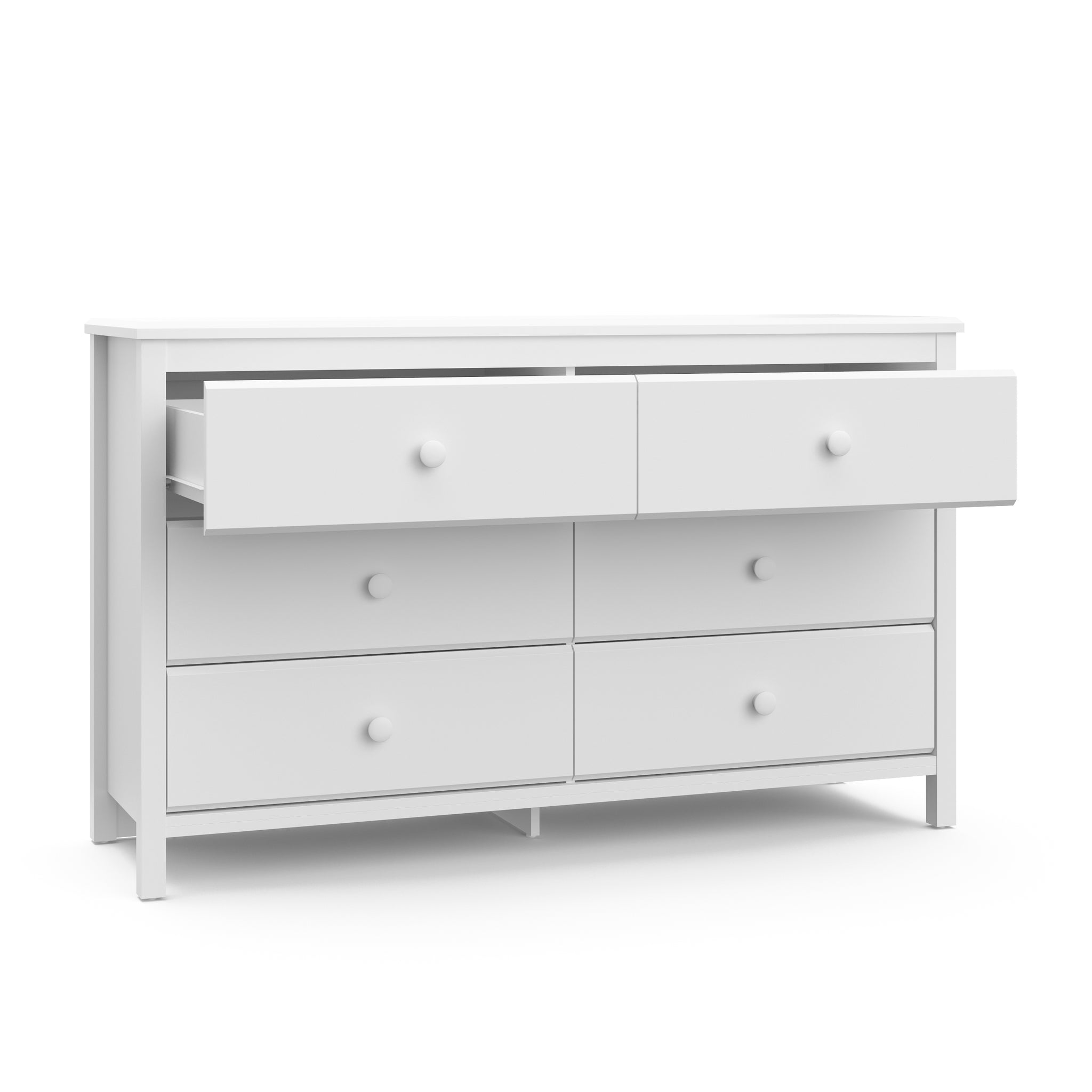 White 6 drawer dresser with 2 open drawers