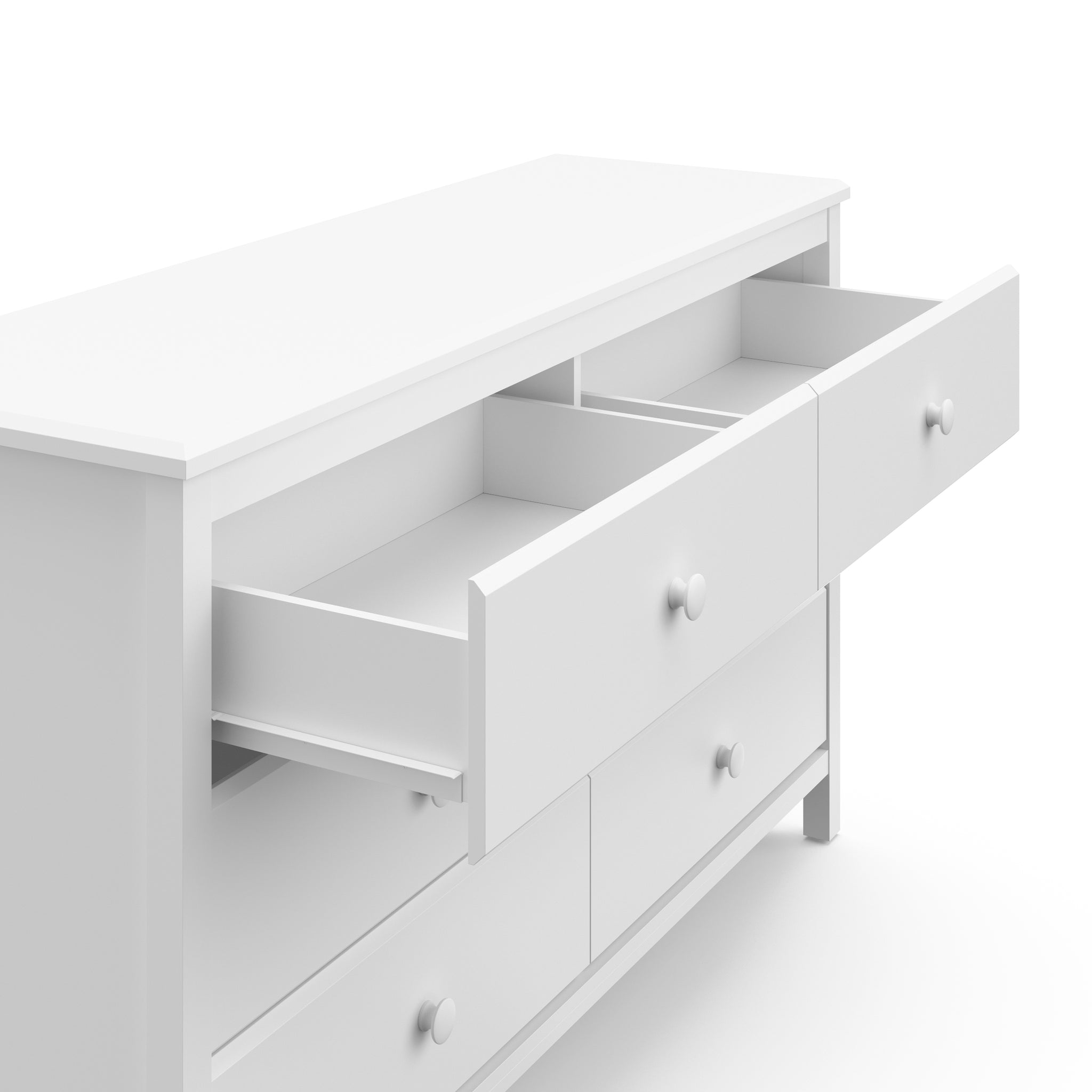 White 6 drawer dresser with 2 open drawers