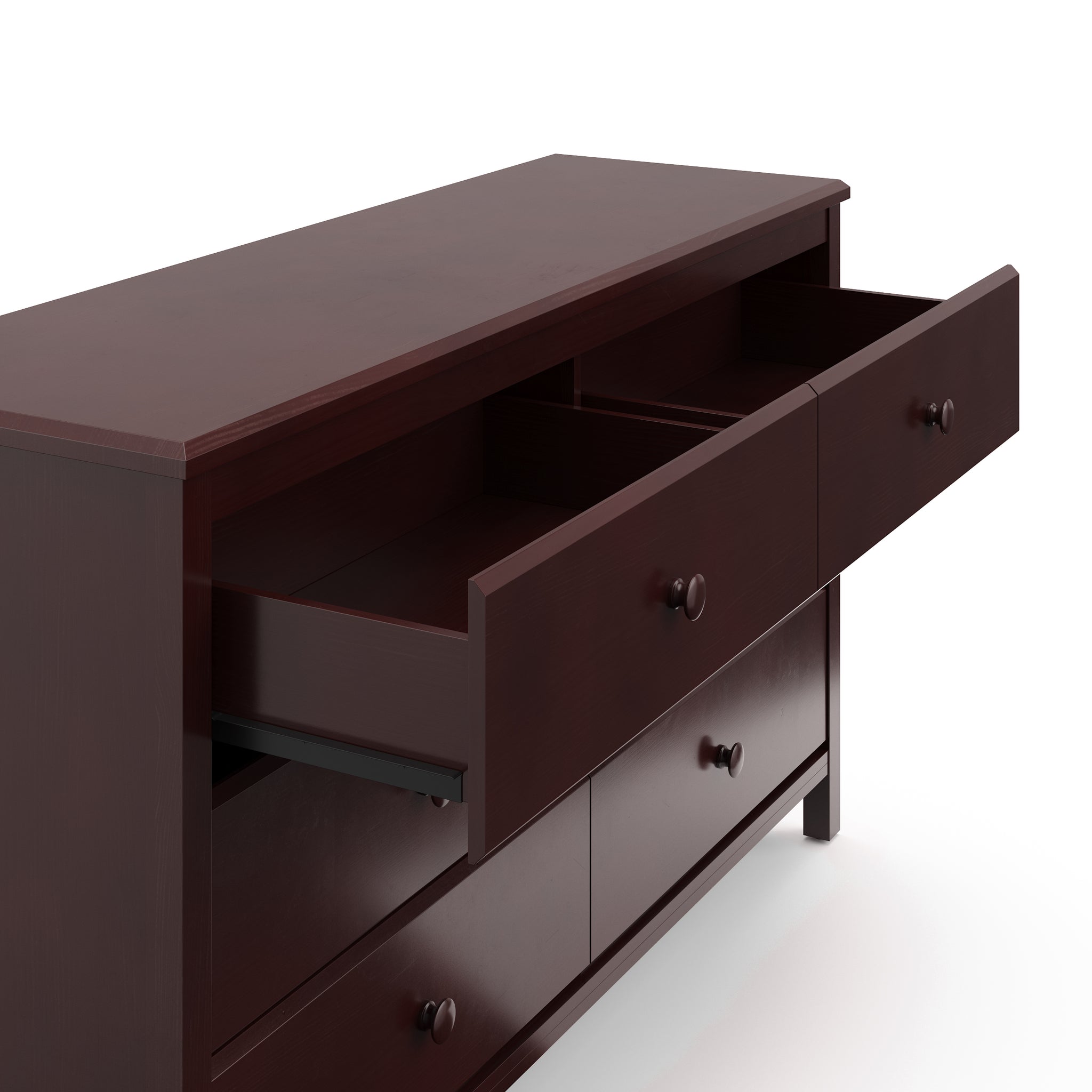 espresso 6 drawer dresser with 2 open drawers