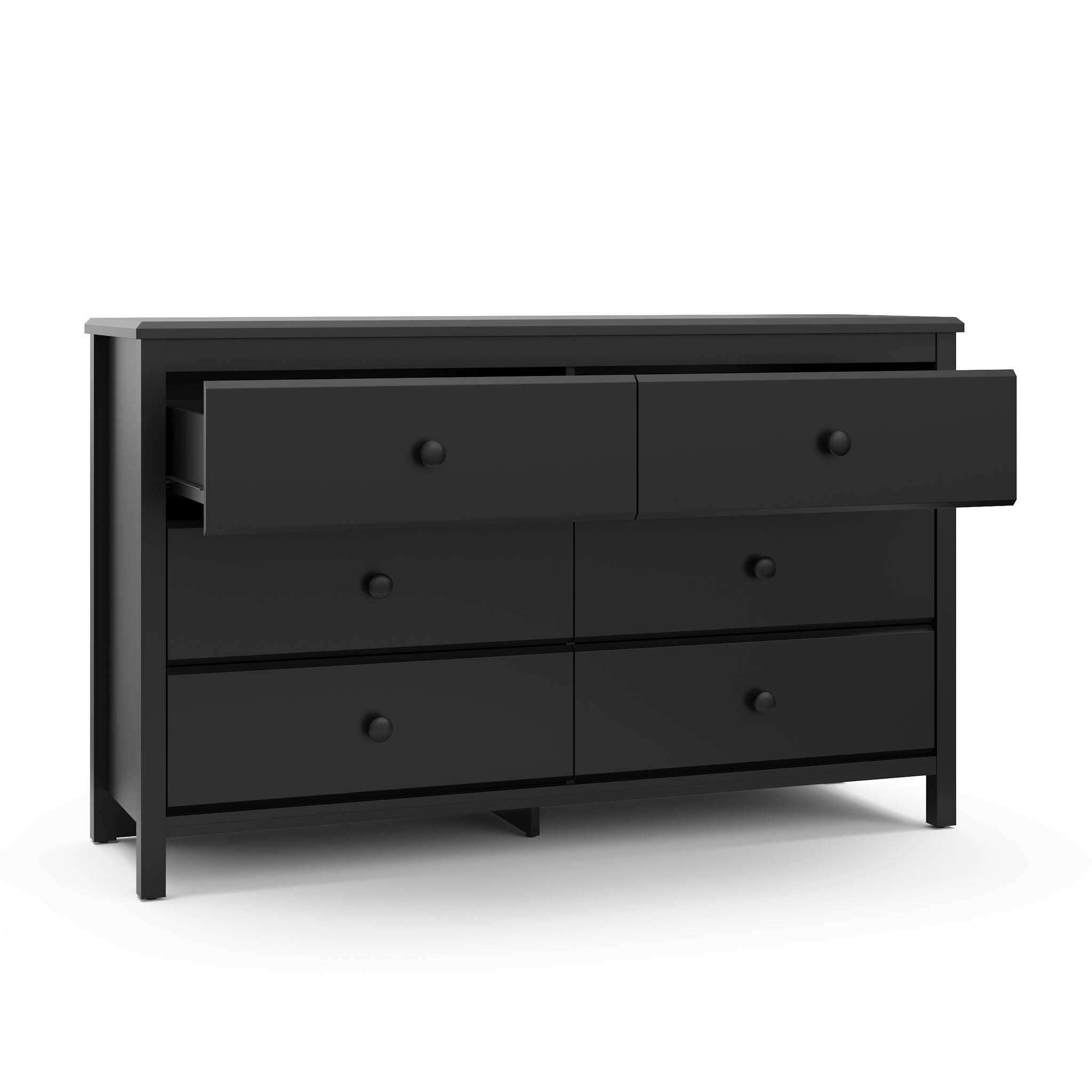 black 6 drawer dresser with 2 open drawers
