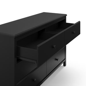 black 6 drawer dresser with 2 open drawers