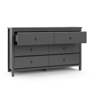 gray 6 drawer dresser with 2 open drawers