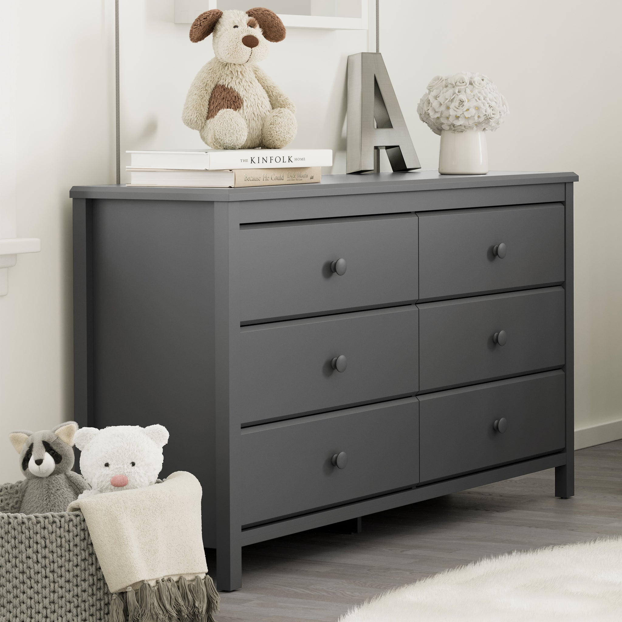 gray 6 drawer dresser in nursery