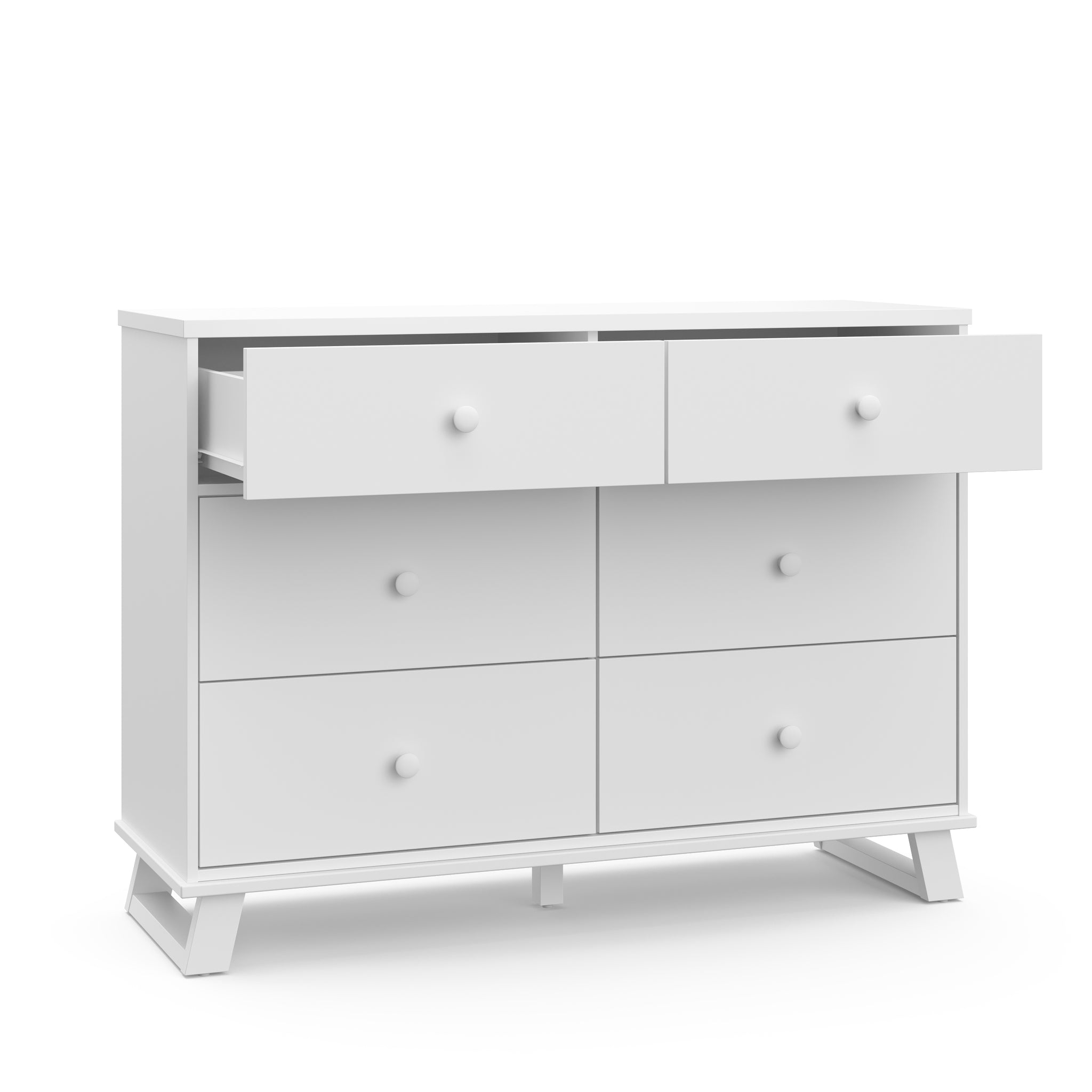white 6 drawer dresser with two open drawers
