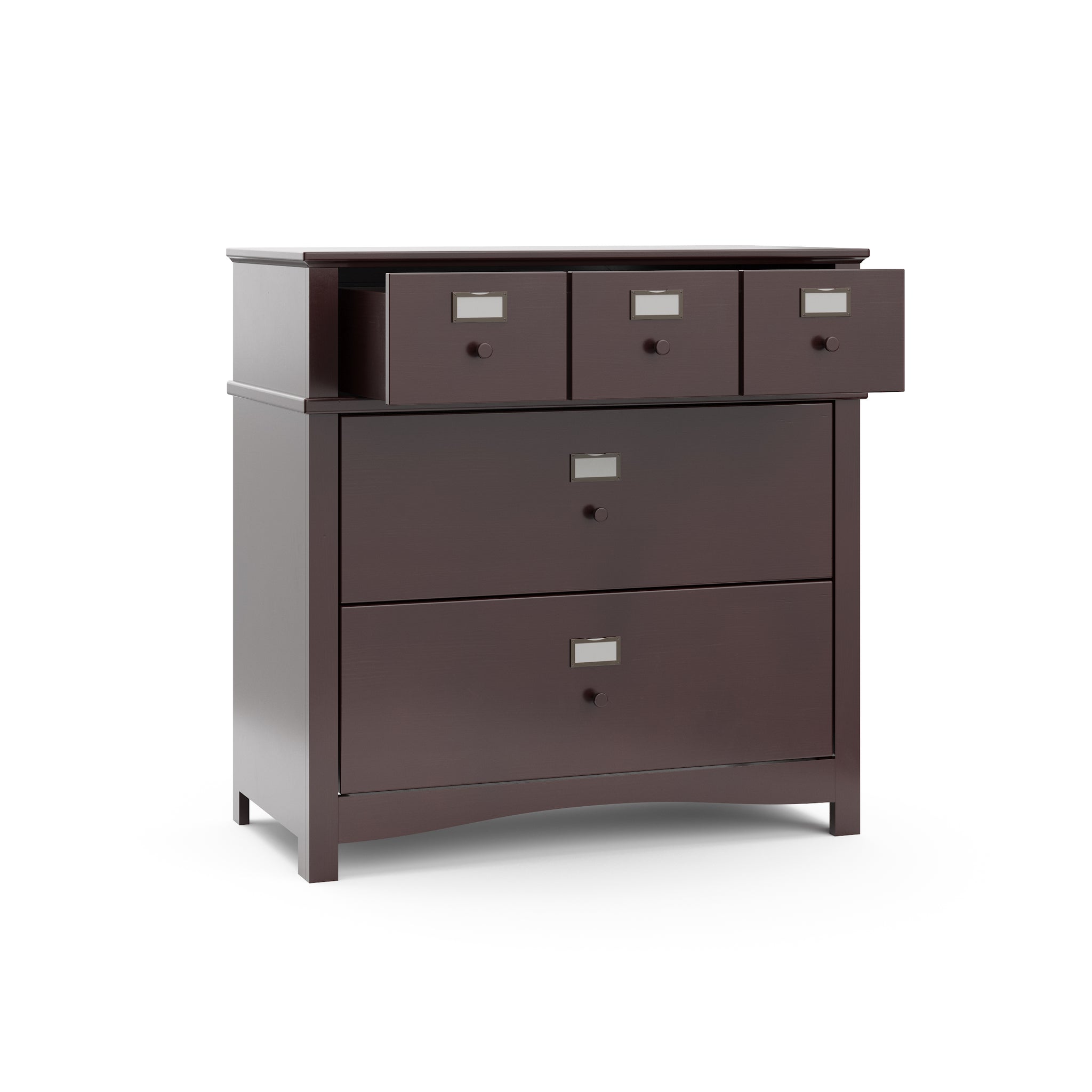 espresso 3 drawer chest with open drawer 