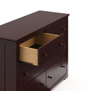 espresso 6 drawer dresser with open drawer