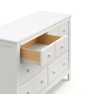 White 6 drawer dresser with open drawer 