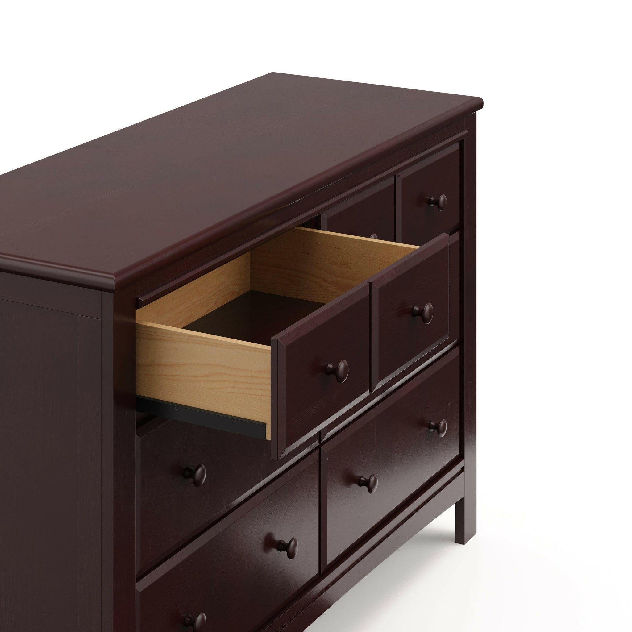 espresso 6 drawer dresser with open drawer