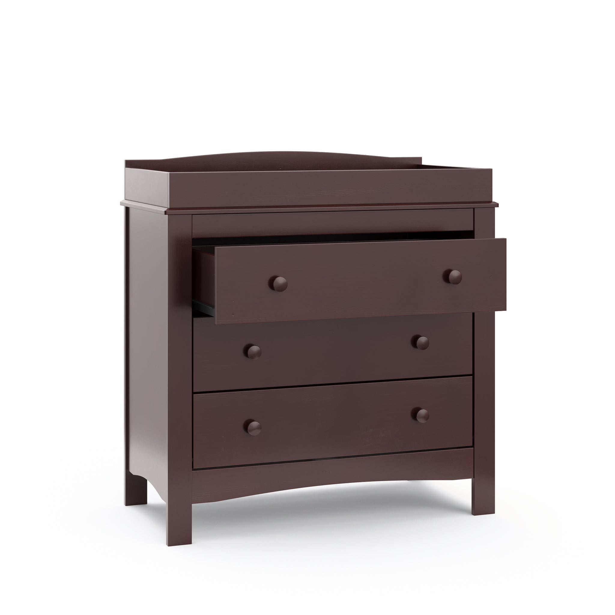 espresso 3 drawer chest with open drawer 