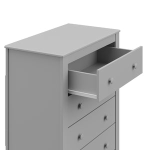 Close-up view of Pebble gray 4 drawer chest with open drawer