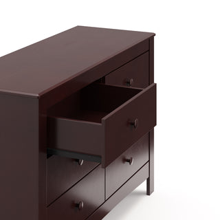 close-up view of espresso 6 drawer dresser with open drawer